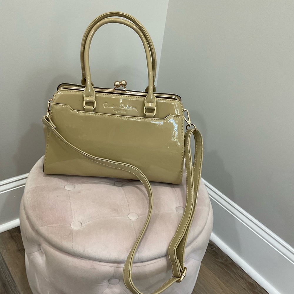 Candace Christian Beige Patent Leather Handbag